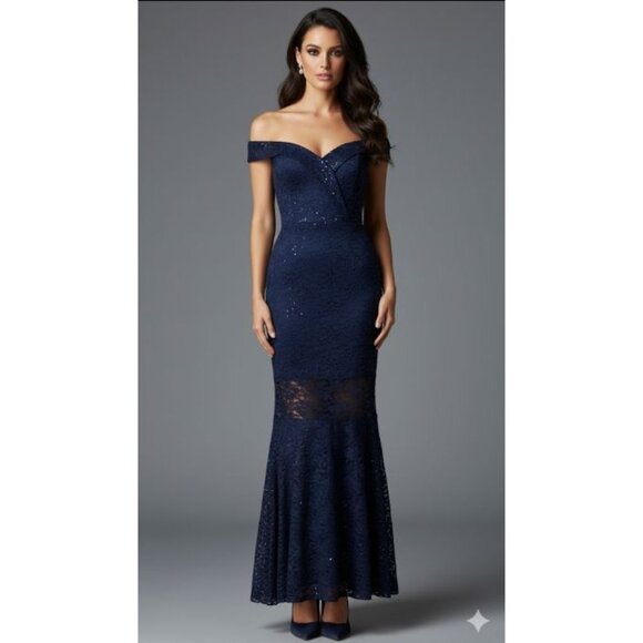 NWOT Quiz Bardot Embellished Sequin Cocktail Formal Prom Gown Navy Blue 4 - Picture 1 of 12